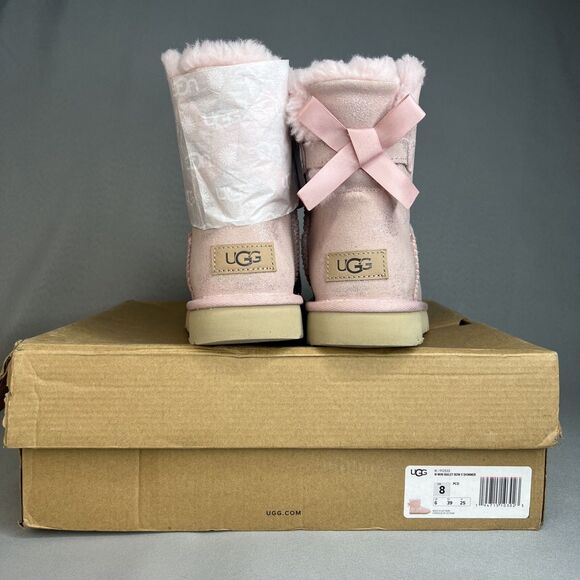 Women’s Ugg Boots Size 8 Bailey Bow Mini Pink Cloud Shimmer Excellent Cond Rare! - Picture 1 of 16